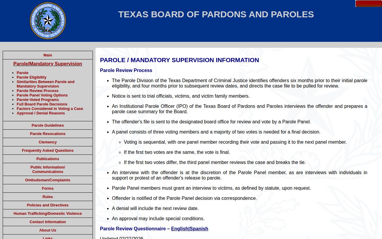 Texas parole review workflow page