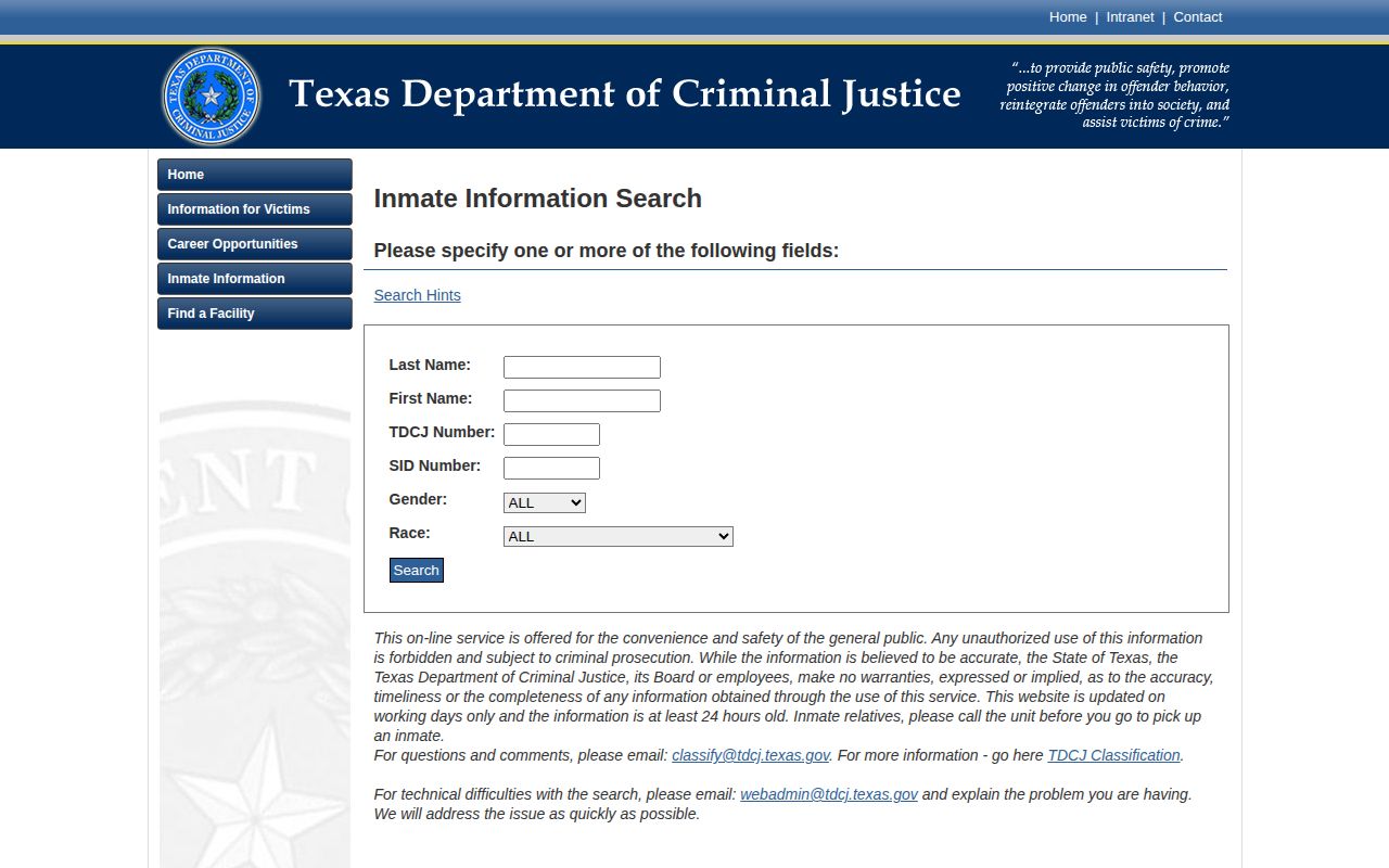 TDCJ search warning for Kent County released inmate records